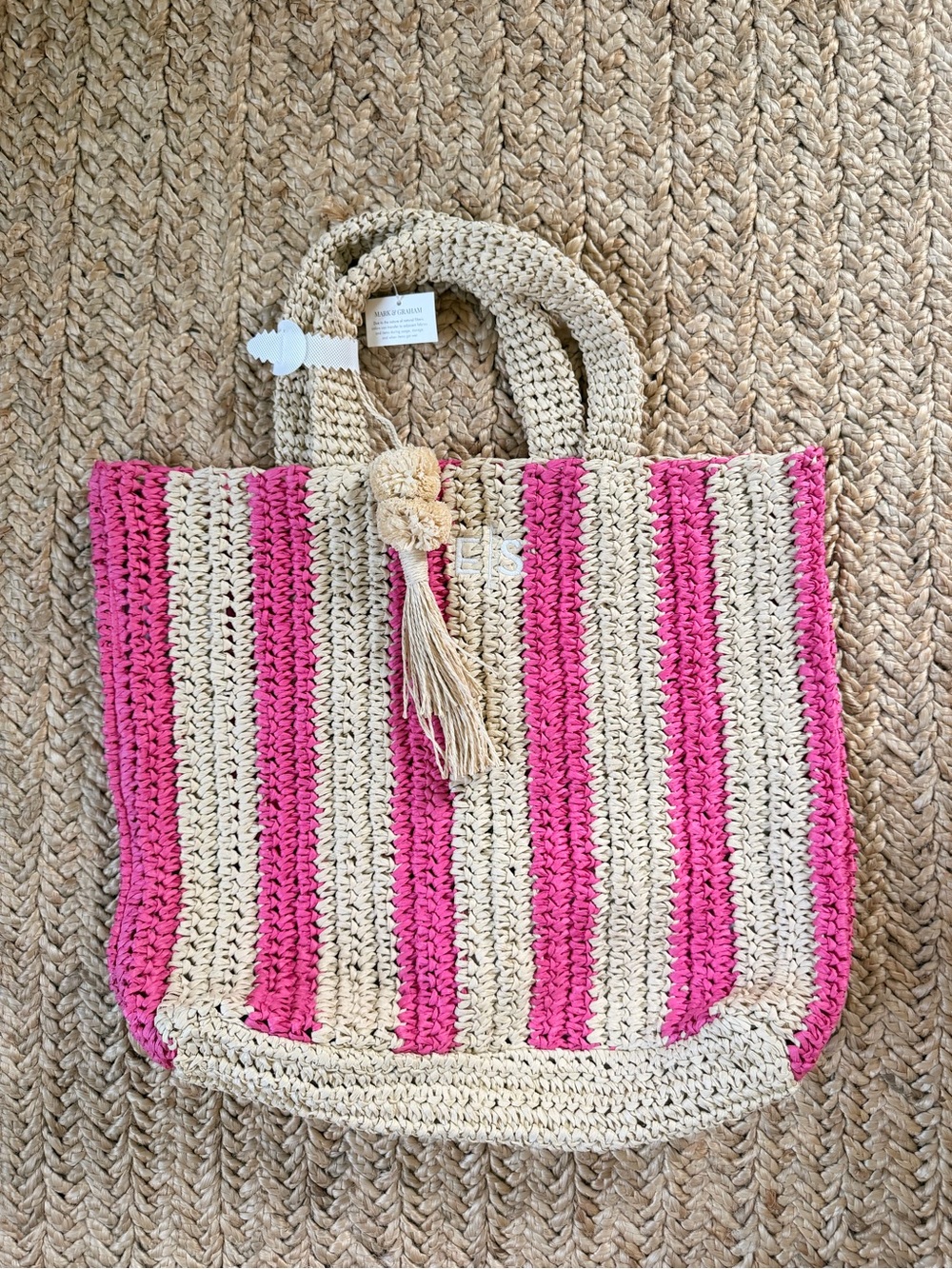 Mark and Graham Cabana Stripe Straw Beach Tote with pink stripes, monogrammed